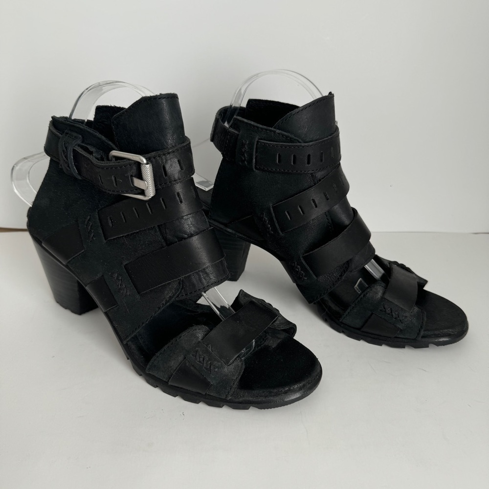 SOREL Women's Nadia Black Leather Buckle Chunky Heel Strappy Shoes Size 9.5